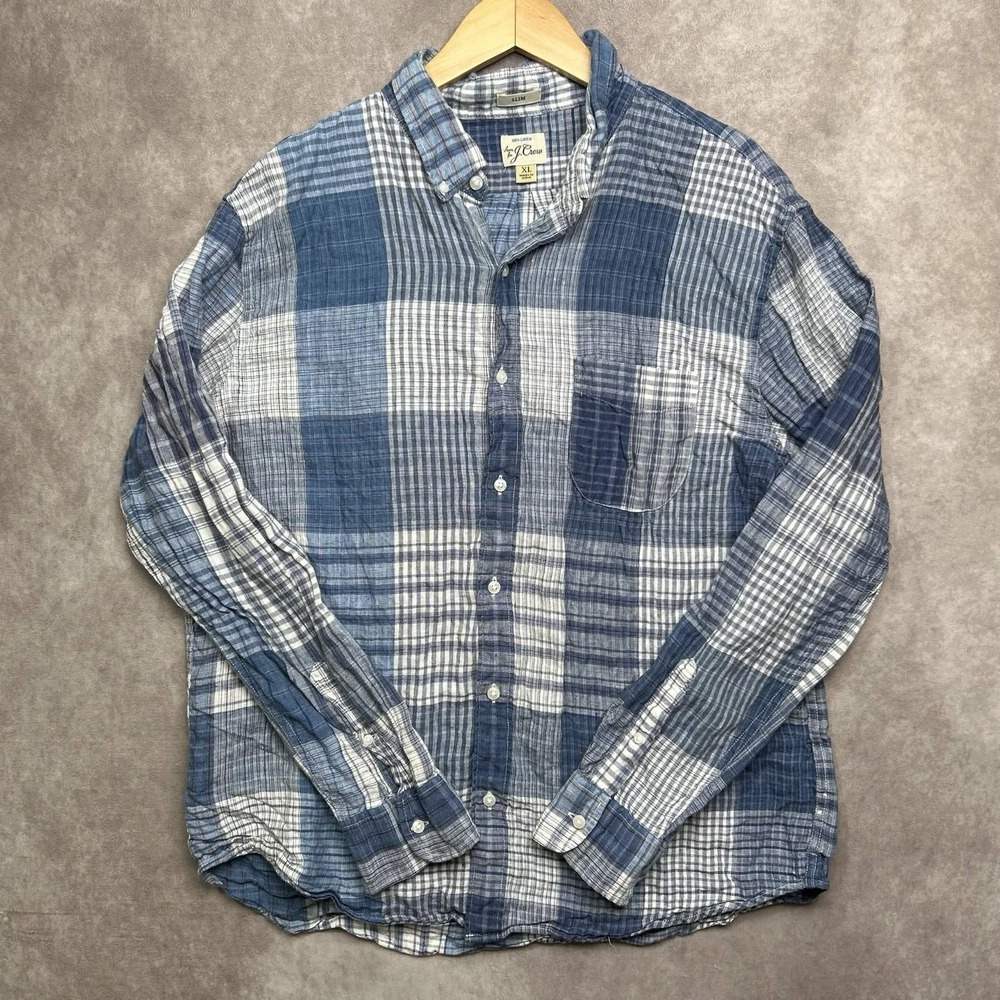 J Crew Shirt Mens XL Blue Plaid Checkered Button Down 100% Linen Slim Fit Summer